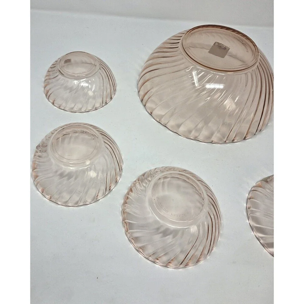 Arcoroc France Rosaline Pink Swirl Glass‎ Salad Bowl Set 7 Pc Vintage 1970s